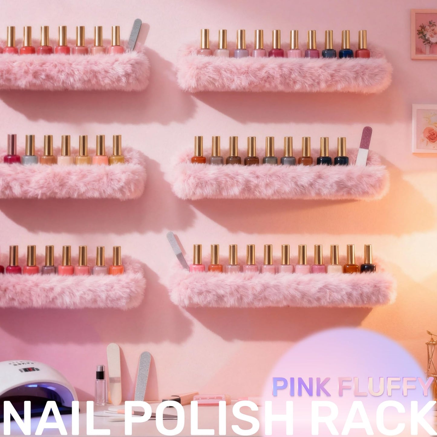 YMVV Nail Polish Wall Shelf - 15-Inch Furry Plush Display & Organizer Rack, Holds 60+ Polishes, Soft Ledge for Bedroom, Bathroom, Salon - Protects Bottles from Scratches，6 Pack Pink