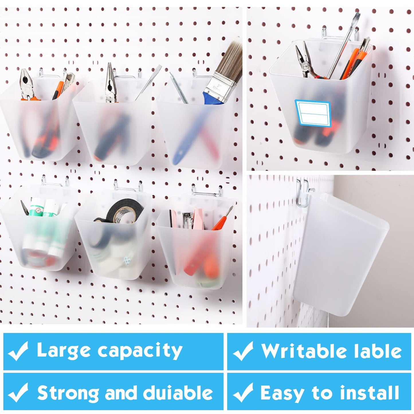 Namalu 12 Pack Pegboard Storage Bins with Labels and Hooks Bulk Peg Board Organizer Accessories Hanging Cup Organizer Pegboard Cup Holder(Transparent)