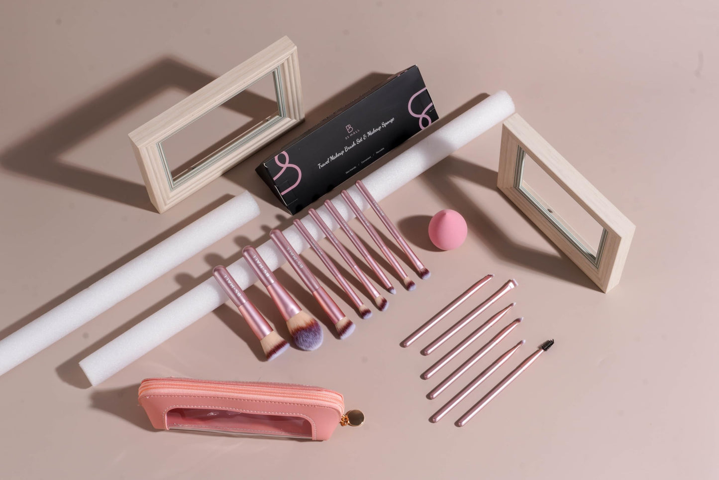 BS-MALL 14 Pcs Makeup Brushes Set with 1 Pcs Makeup Sponge – Essential Foundation Powder Concealers, Eye Shadows, Blush Makeup Brushes with Travel Makeup Case (Matte Gold Pink)
