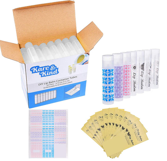 Kare & Kind Lip Balm Crafting Kit - 50x Empty Transparent Container Tubes (3/16 Oz (5.5 ml) With Twist Mechanism Cap - 50 Writeable and 50 Printed Stickers - DIY Kit