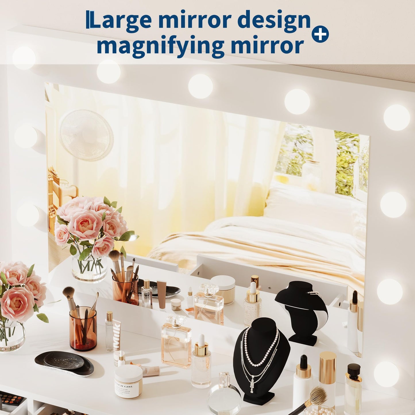Garvee Makeup Vanity w/Lights Mirror, Desk & Table w/Charger, 7 Drawers, 1 Cabinet, 3 Color Lighting Modes, Wooden Dressing Table for Bedroom, White