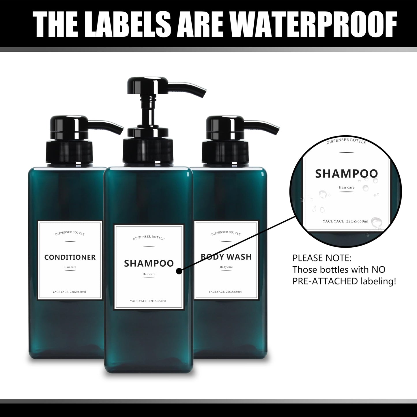 YACEYACE Large Shower Bottles with Pump, 22oz Set of 3 Shampoo Dispenser Bottles, Refillable Shampoo Dispenser Bottles for Travel, Bathroom, Kitchen