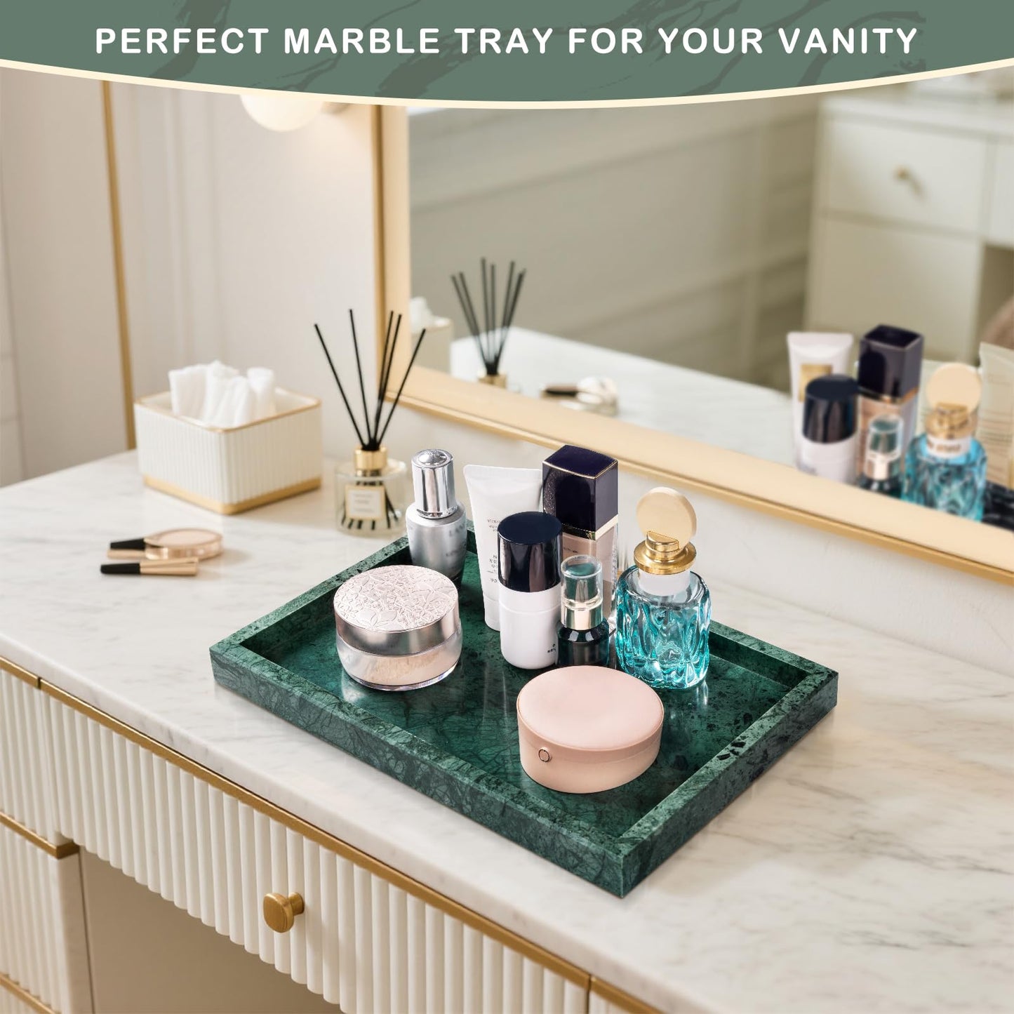 Homaura Marble Bathroom Tray for Countertop & Home Decor, Natural Decorative Marble Tray for Jewelry & Perfume Organizer, Luxury Stone Vanity Trays for Dresser, Kitchen Counter, 12" x 8", Green