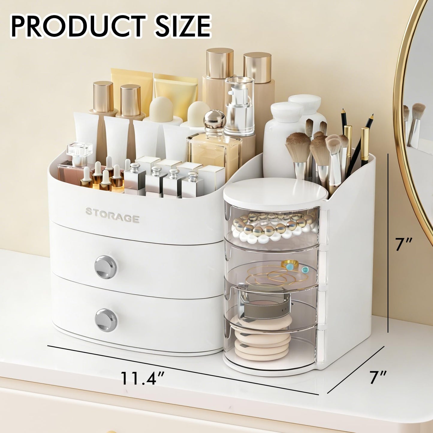 Makeup Organizer Countertop with Drawers, Make up Organizers for Vanity, Skincare Jewelry Earring Organizers, Cosmetic Display Cases Makeup Storage for Bedroom & Bathroom, Ideal Gifts for Women(White)