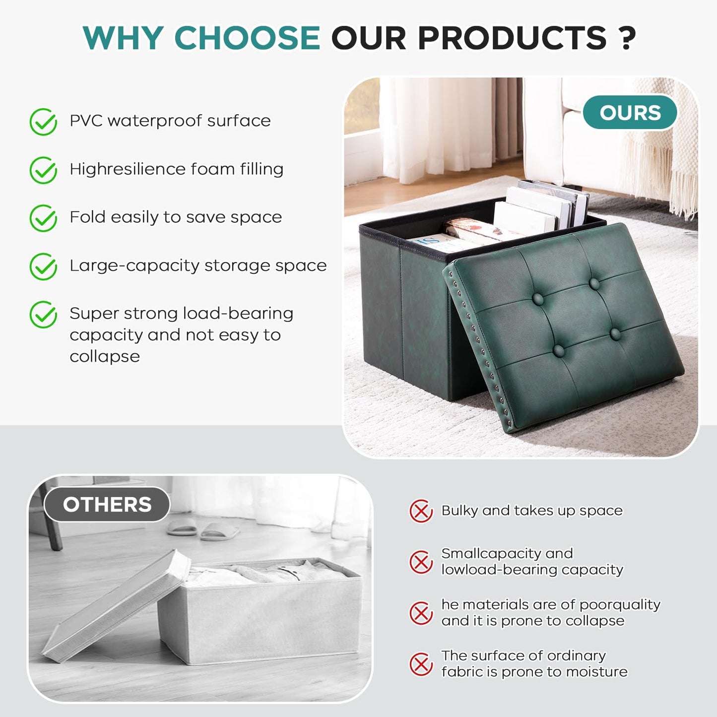 oakvivo Small 16 x 12 x12 Inches Folding Storage Ottoman, Faux Leather Foot Rest Stool with Rivet Design, Ottoman with Storage Vanity Stool Coffee Table for Living Room, Bedroom, Load 242 lbs, Green