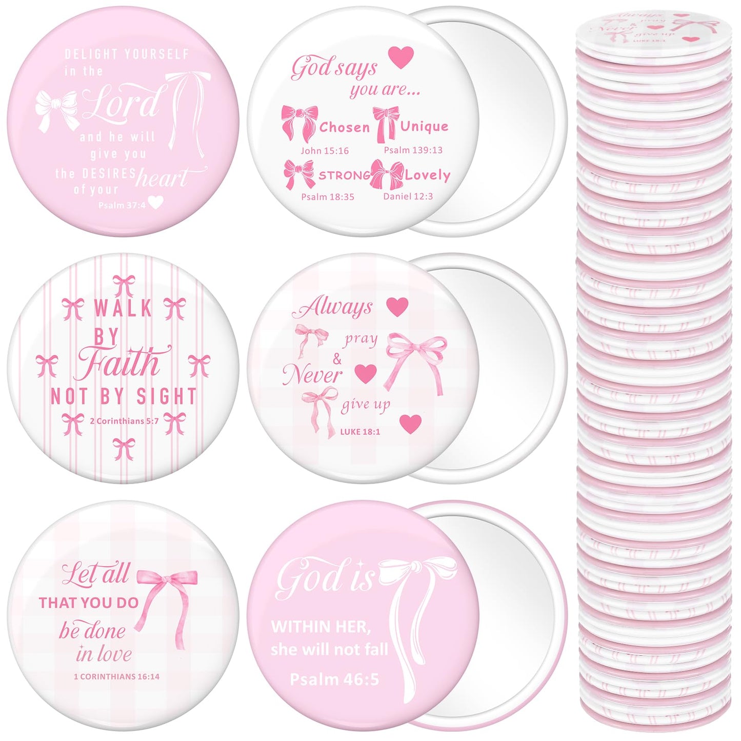 Namalu 48 Pcs Pink Bow Party Favors Pink Bow Coquette Mini Pocket Mirrors Inspirational Christian Gifts Bulk for Women Portable Round Makeup Mirror Church Religious(Bible Verse)