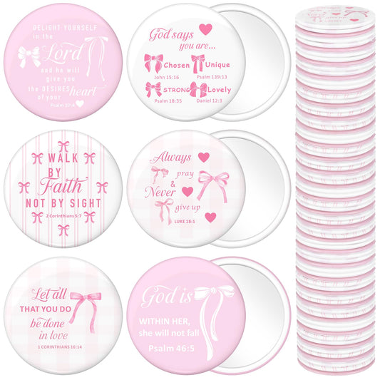 Namalu 48 Pcs Pink Bow Party Favors Pink Bow Coquette Mini Pocket Mirrors Inspirational Christian Gifts Bulk for Women Portable Round Makeup Mirror Church Religious(Bible Verse)