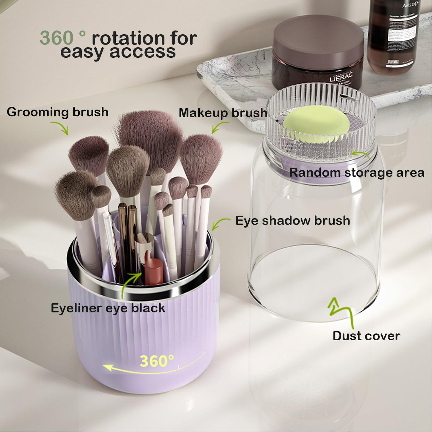 Iilnlaty 360° Rotating Makeup Brush Holder Organizer,Makeup Brush Holder with Cleaning and Drying Function,Cosmetic Display Case with Cover,Makeup Organizer for Vanity,Desktop,Bathroom(Cream)