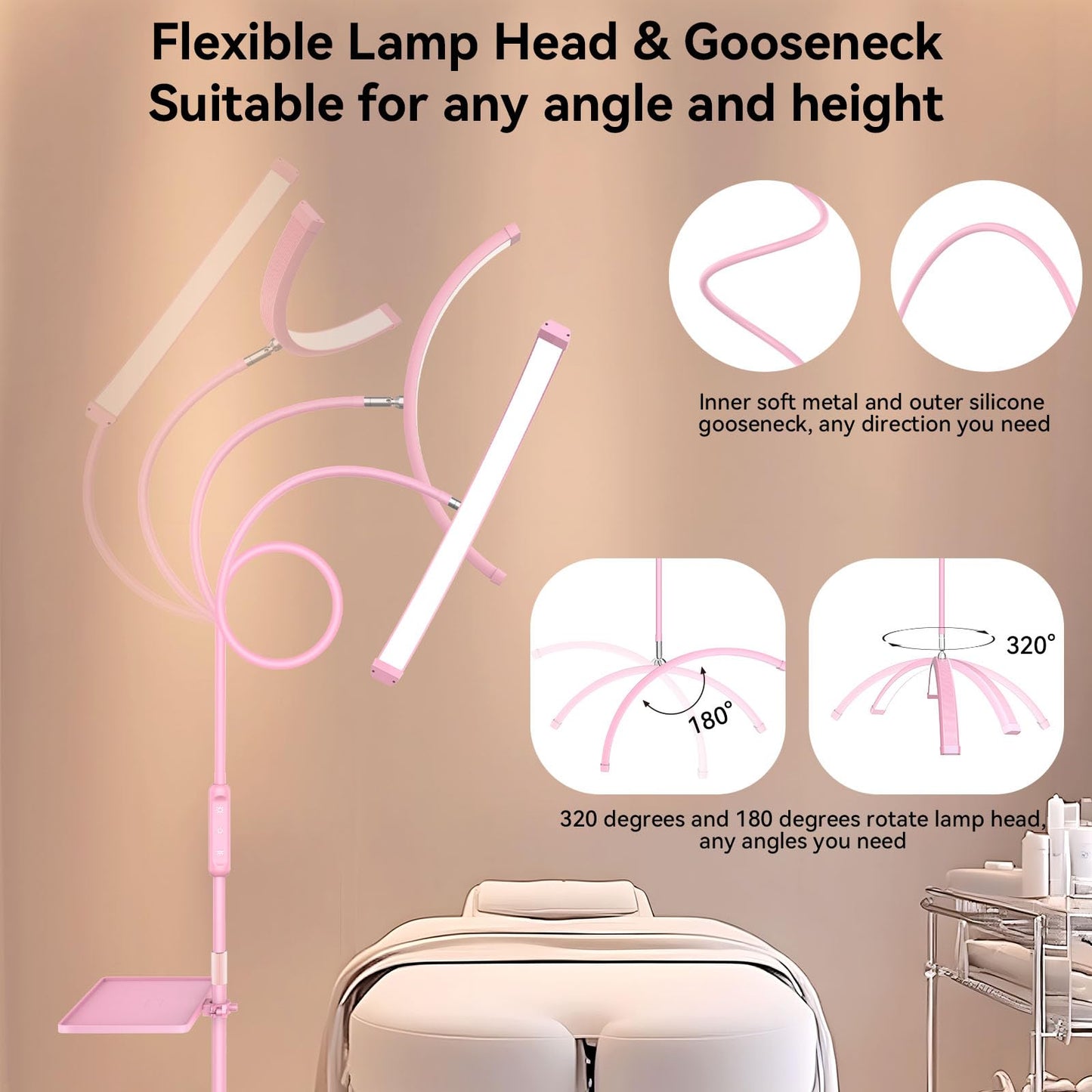 Fitlume Lash Light for Eyelash Tech, Led Floor Lamp Half Moon Light for Eyelash Extensions, Tattoo Artists, Nail Tech, Skincare, Esthetician Lights, Office, Bedroom,with Stand Tray, Pink