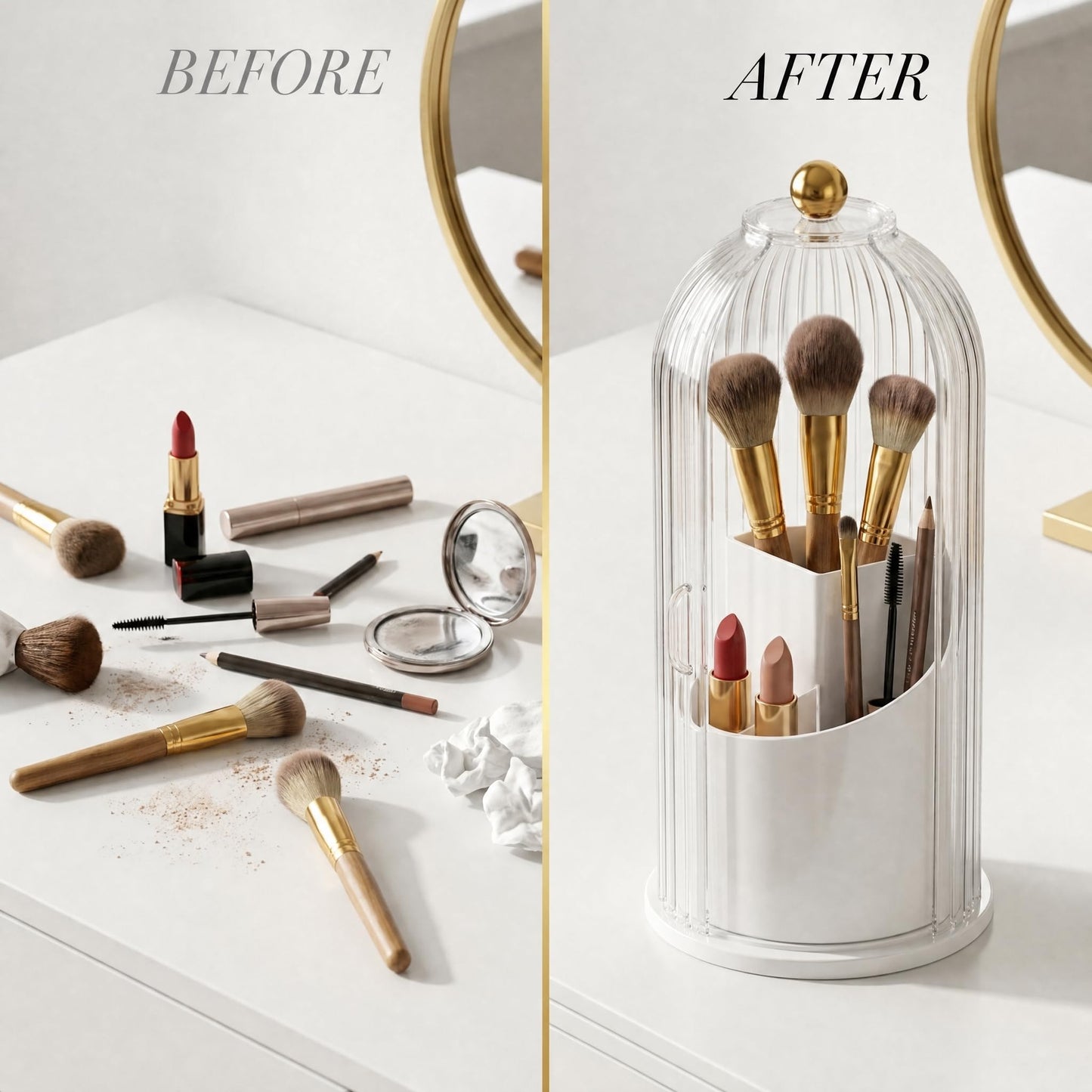 Imakmasion Rotating Makeup Brush Holder with Lid, 360° Cosmetic Organizer for Vanity Countertop, 3-Slot Fluted Brush Storage with Dustproof Cover, Bathroom Display Case, Clear, Transparent