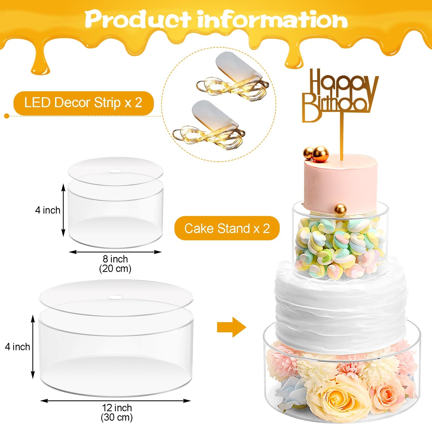 Choowin 2 Pcs Acrylic Cake Stand with Lid - Fillable, Floating, Clear, Round Cake Stand for Birthday & Wedding & Party (12 inch, 8 inch)