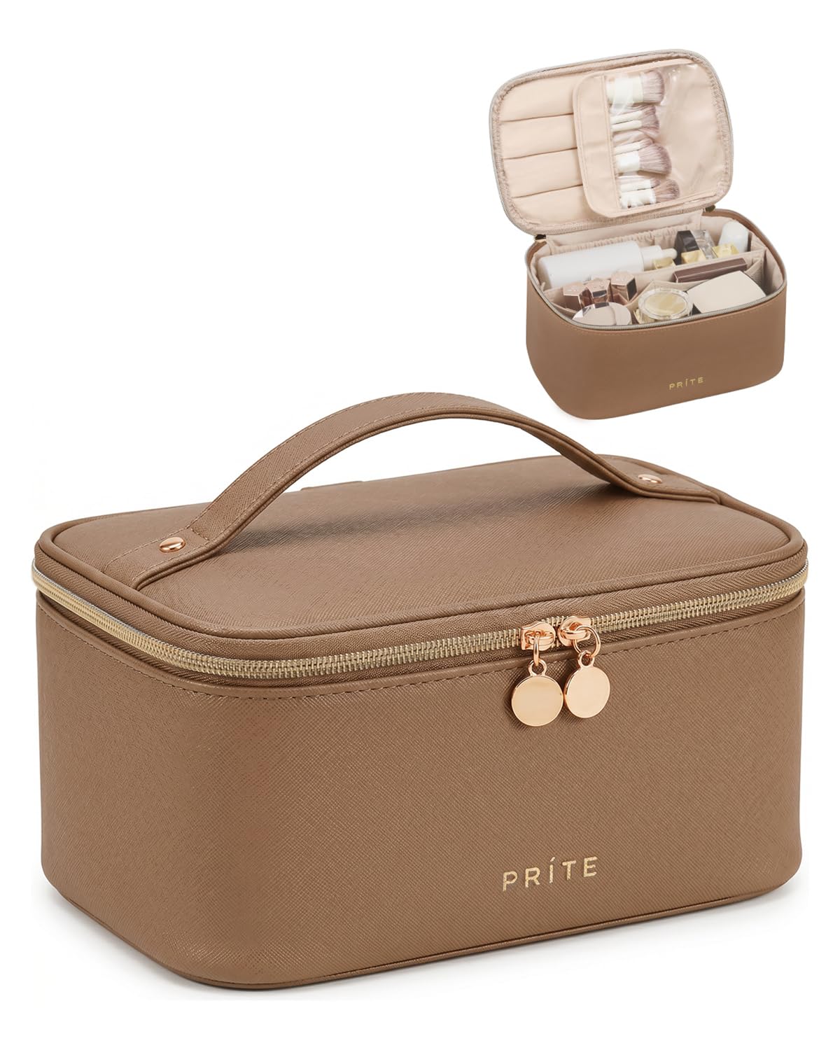 Prite Makeup Bag, Large Capacity Cosmetic Bag for Women and Girls, Waterproof PU Leather Travel Makeup Case, Toiletry Organizer with Handle and Divider for Skincare and Brushes - Brown