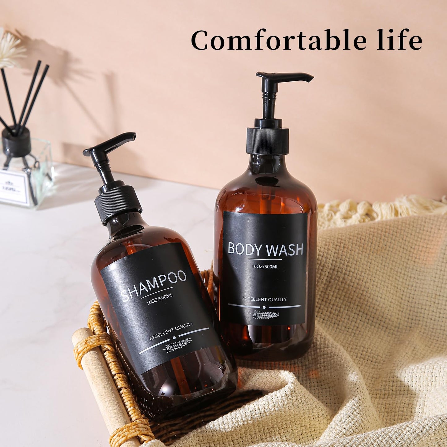 Mithrgrous 5Pack Amber Shower Bottles Refillable with Labels,16.9oz(500ml) Reusable Shampoo and Conditioner Bottles,Shampoo Dispenser Bottles