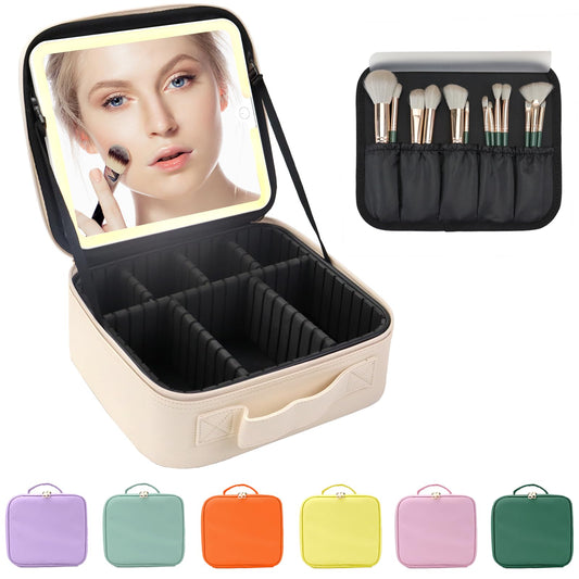 MORMID Makeup Bag with Led Mirror,Large Vanity Makeup Cases with 3 Color Setting,Portable Storage and Adjustable Dividers,for Women and Makeup Artists Cosmetic Organizer Travel Makeup Bag-White