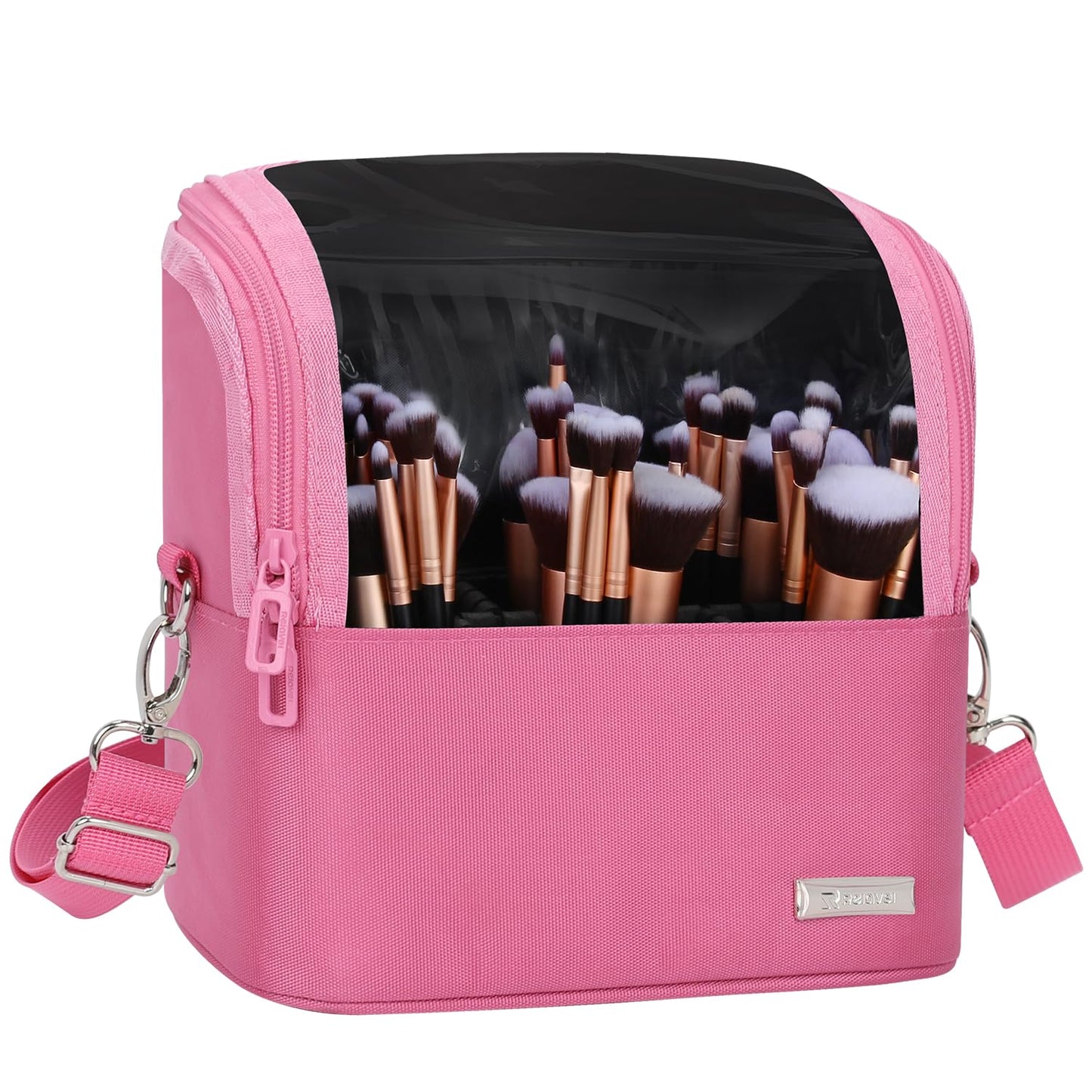 TANTO Makeup Brush Case Stand-up Makeup Cup Makeup Brush Holder Travel Professional Cosmetic Bag Artist Storage Bag Large Makeup Bag with Adjustable Divide (Rose Pink, 1-Large)