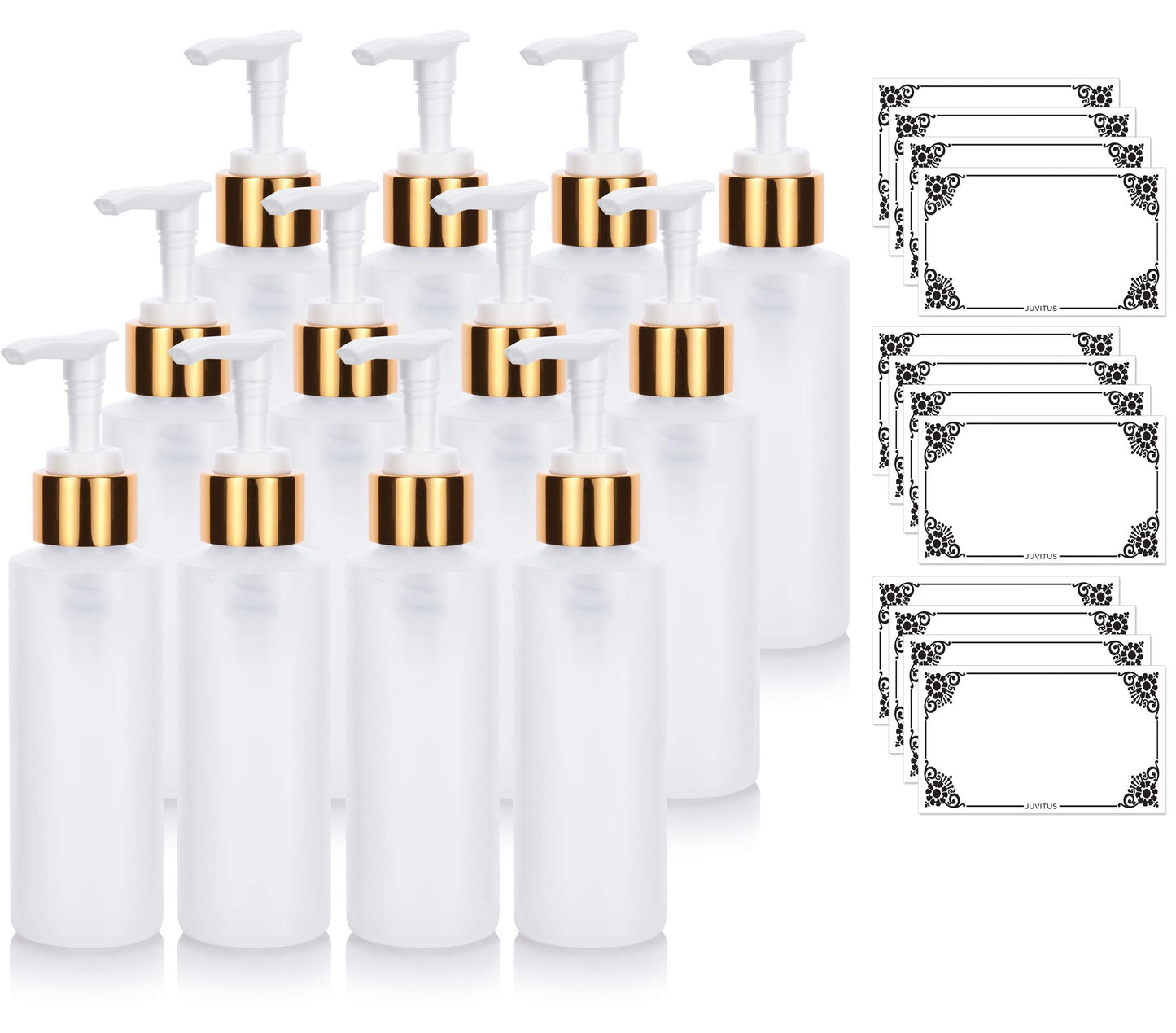 (12 Pack) 4 oz / 120 ml Clear Natural Plastic Squeeze Bottle with Gold Lotion Pump Dispenser + Labels Refillable