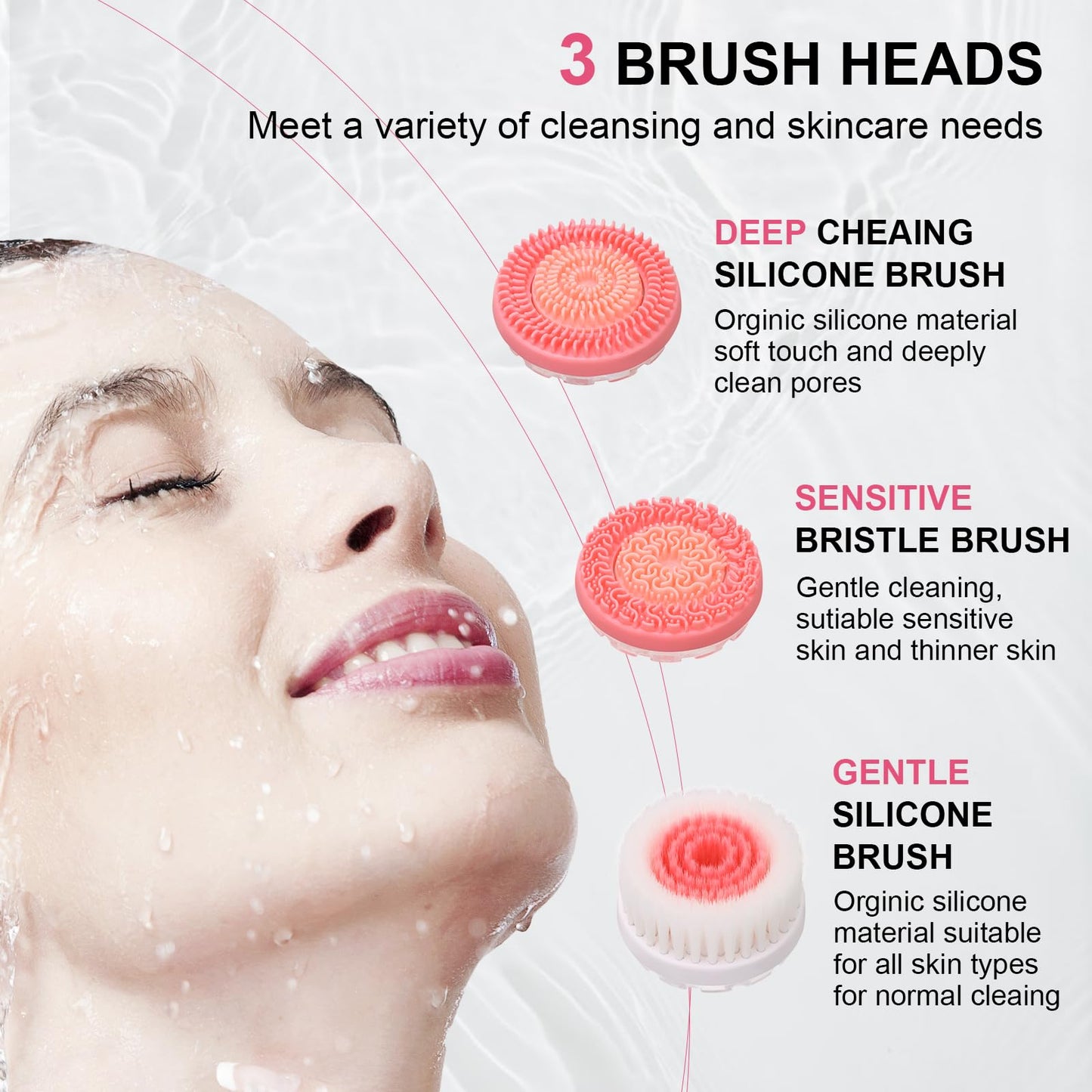 Facial Cleansing Brush, 3 in 1 Electric Face Scrubber with 3 Brush Heads for Women/Men, Waterproof Rechargeable Face Cleansing Brush for Dry Oily Sensitive Skin (Pink)