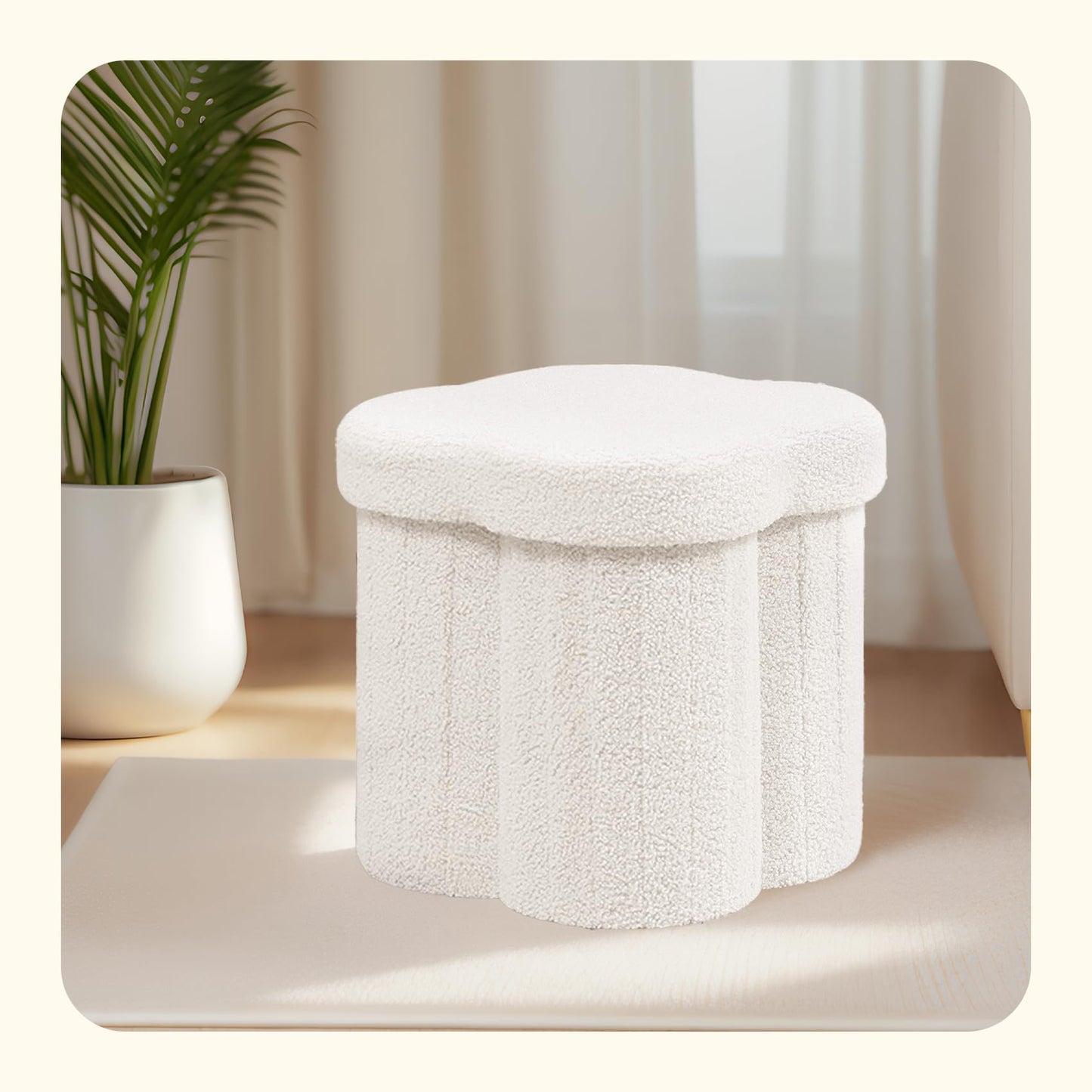 PINPLUS Storage Ottoman Cube Flower-Shaped Boucle Footrest with Hidden Storage, Multi-Functional Cube Seat for Living Room, Dorm - White 12.6"x12.6"x12.6"