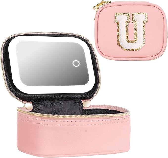 Mini Initial Makeup Bag With Led Mirror With Lights Gifts For Women Girls, Small Makeup Box For Travel Gift, Cosmetic Bag Make Up Organizer Personalized Bags Birthday Christmas Gifts For Womens (U)