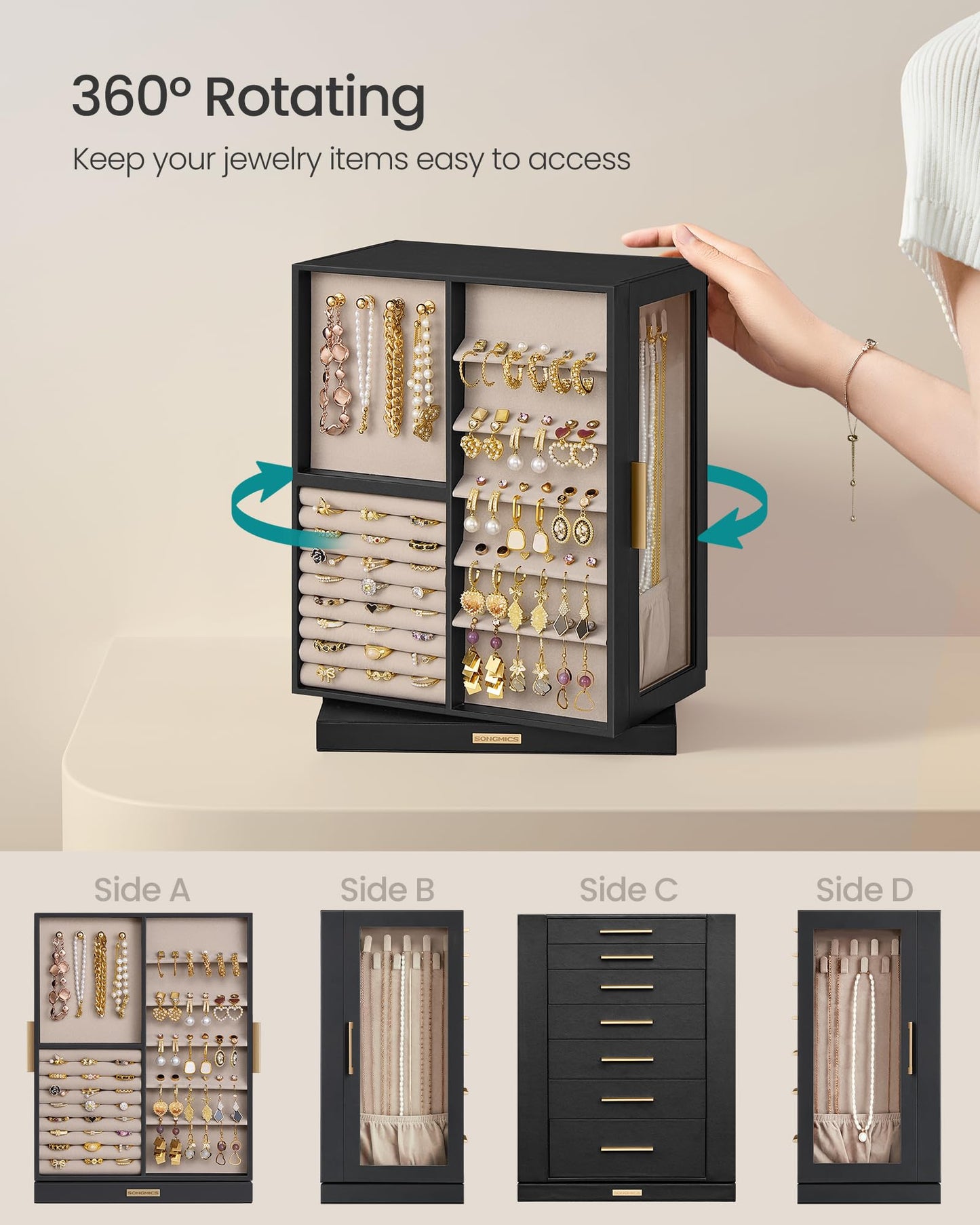 SONGMICS GISELLA Collection - Jewelry Box 360° Rotating, Jewelry Storage Case with 7 Drawers, Jewelry Organizer, Glass Window, Open Design, Great Gift, Ink Black UJBC201B01