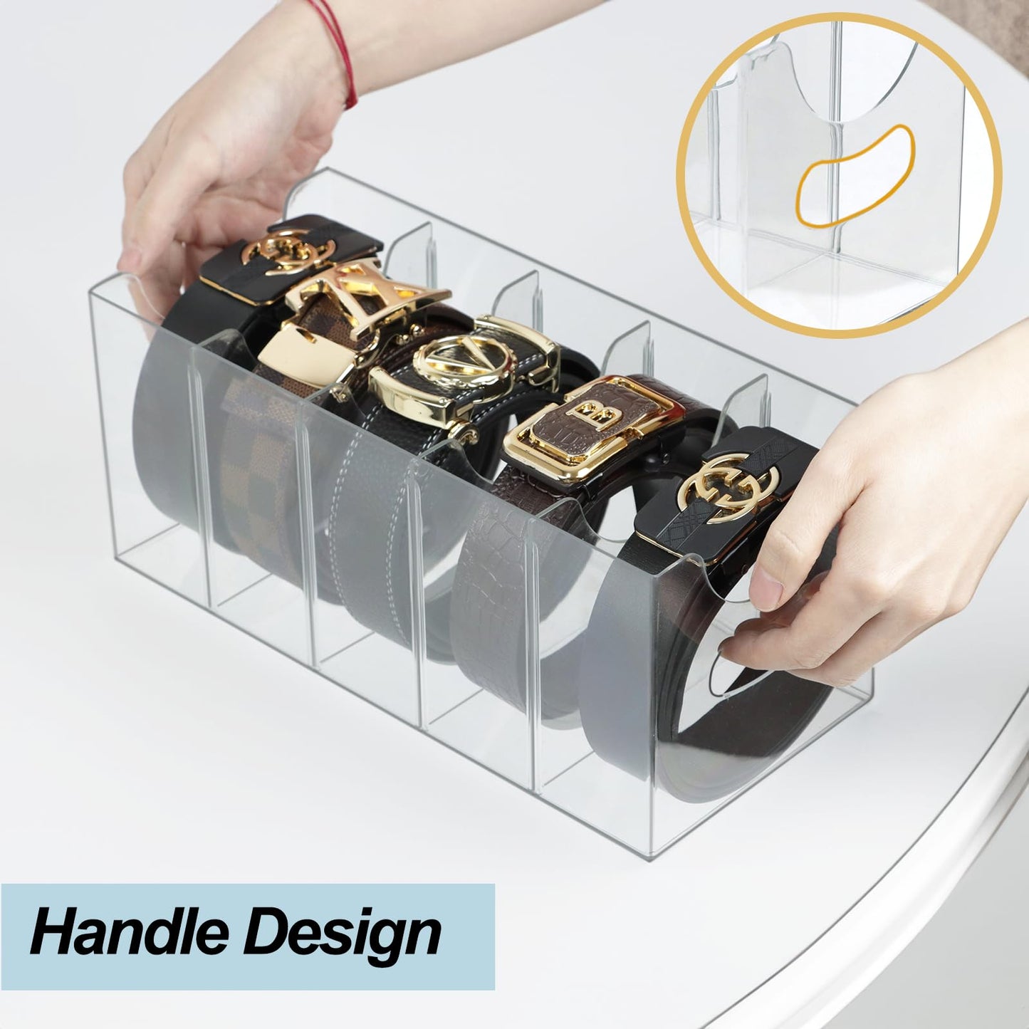 ZEXALOR Acrylic Belt Organizer, Belt Storage Holder Purse Organizer for Closet, 5 Compartments Clear Plastic Display Case Pantry Kitchen Cabinet Organizers and Storage Seasoning Organizer