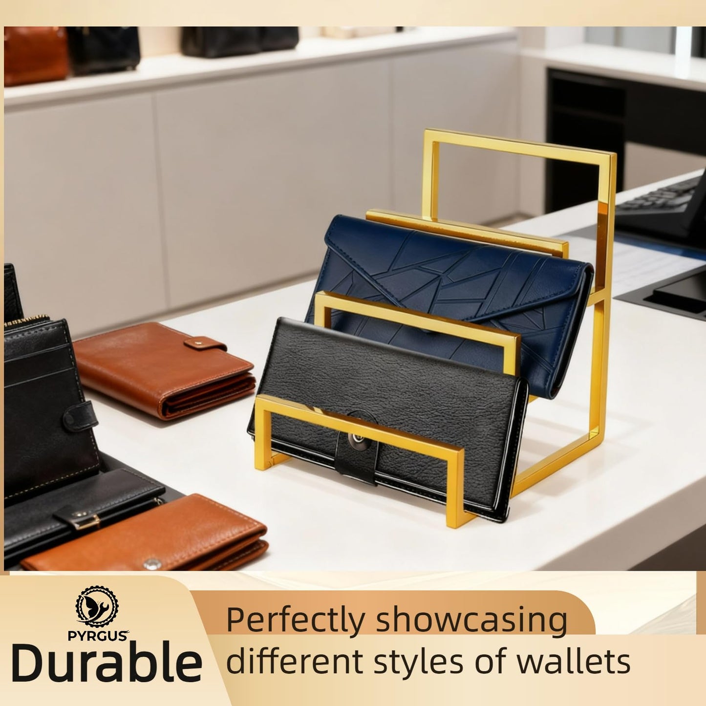 3-Tier Purse Display Stand, Gold Metal Wallet Display Rack, 2 Pack, 3 Layer