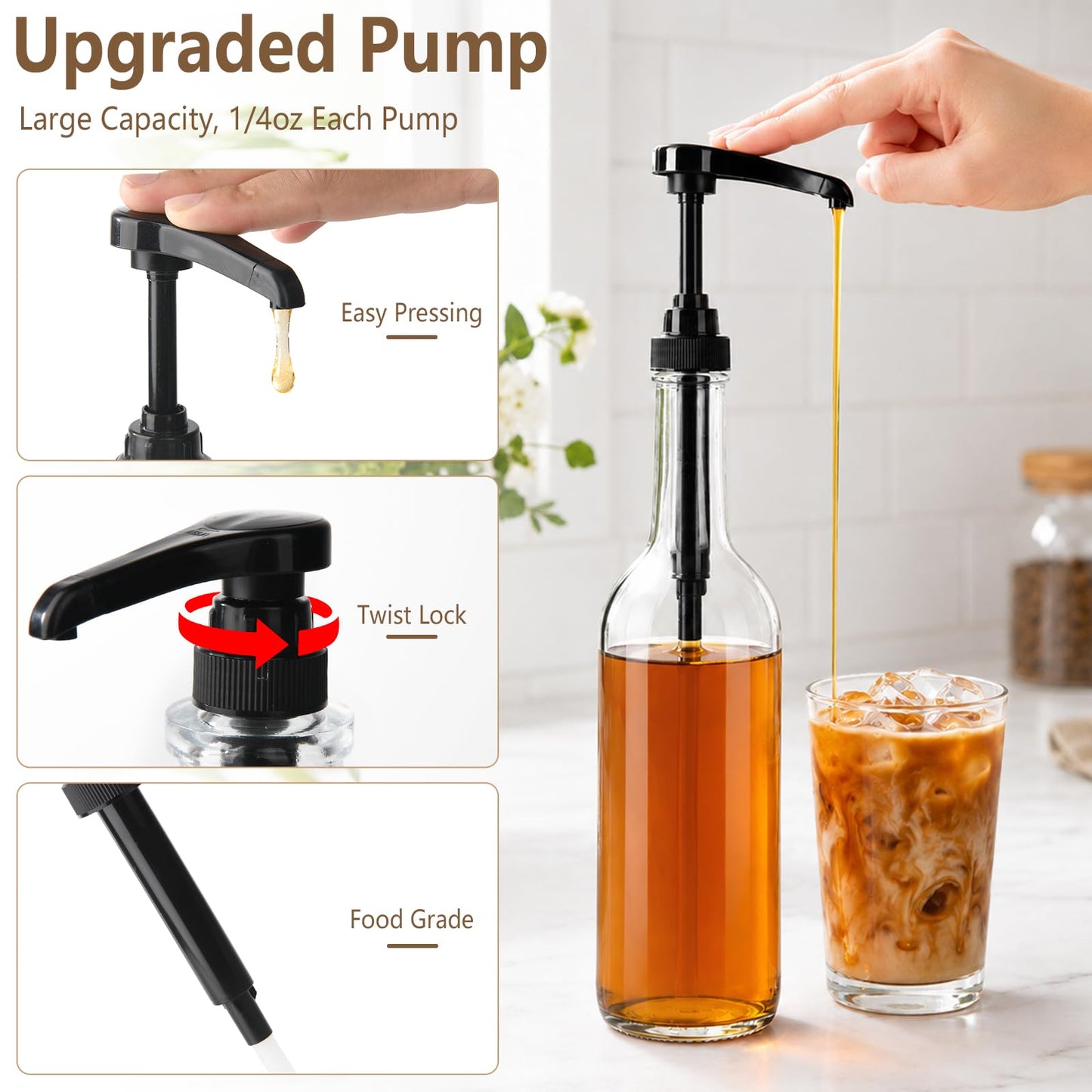 BPFY 3-Pack 25oz/750ml Round Glass Coffee Syrup Dispenser with Black Pump