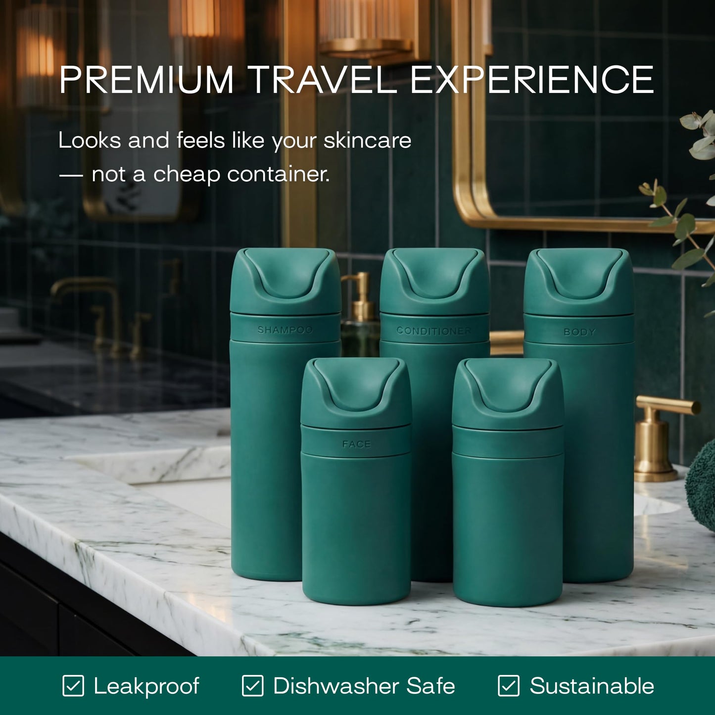 RIES Essential Refillable Toiletry Travel Bottles – Set of 5 (3.4oz & 1.7oz) Airless Pump Containers for Shampoo, Conditioner, Body, Face – Leak-Proof, TSA-Approved, Dishwasher Safe- Escapade Green