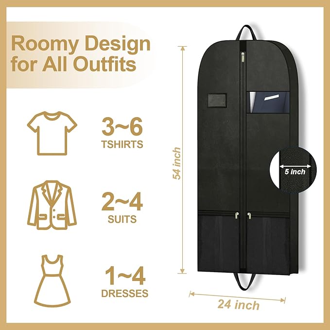 CYD Dress Storage Bags with Shoe Pockets and Scent Card, 54" Garment Bags for Hanging Clothes, Breathable Covers for Women’s Dresses, Coats and Occasionwear, Durable and Dustproof, Black, 2 Pack