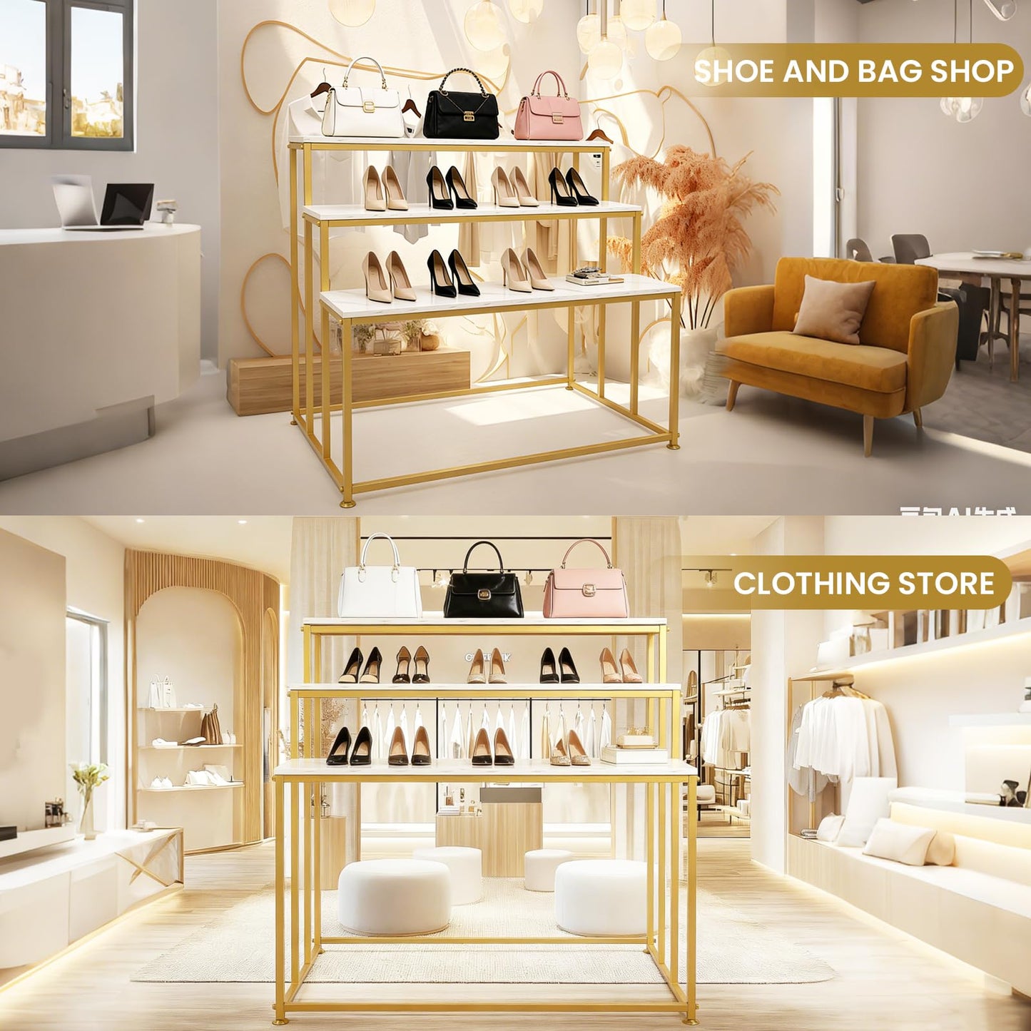 CIVANA 3-Tier Gold Display Table & Shoe Rack - Heavy Duty Store Fixture for Home Entryway, Boutique, Retail Display Shoe & Handbag Display Stand
