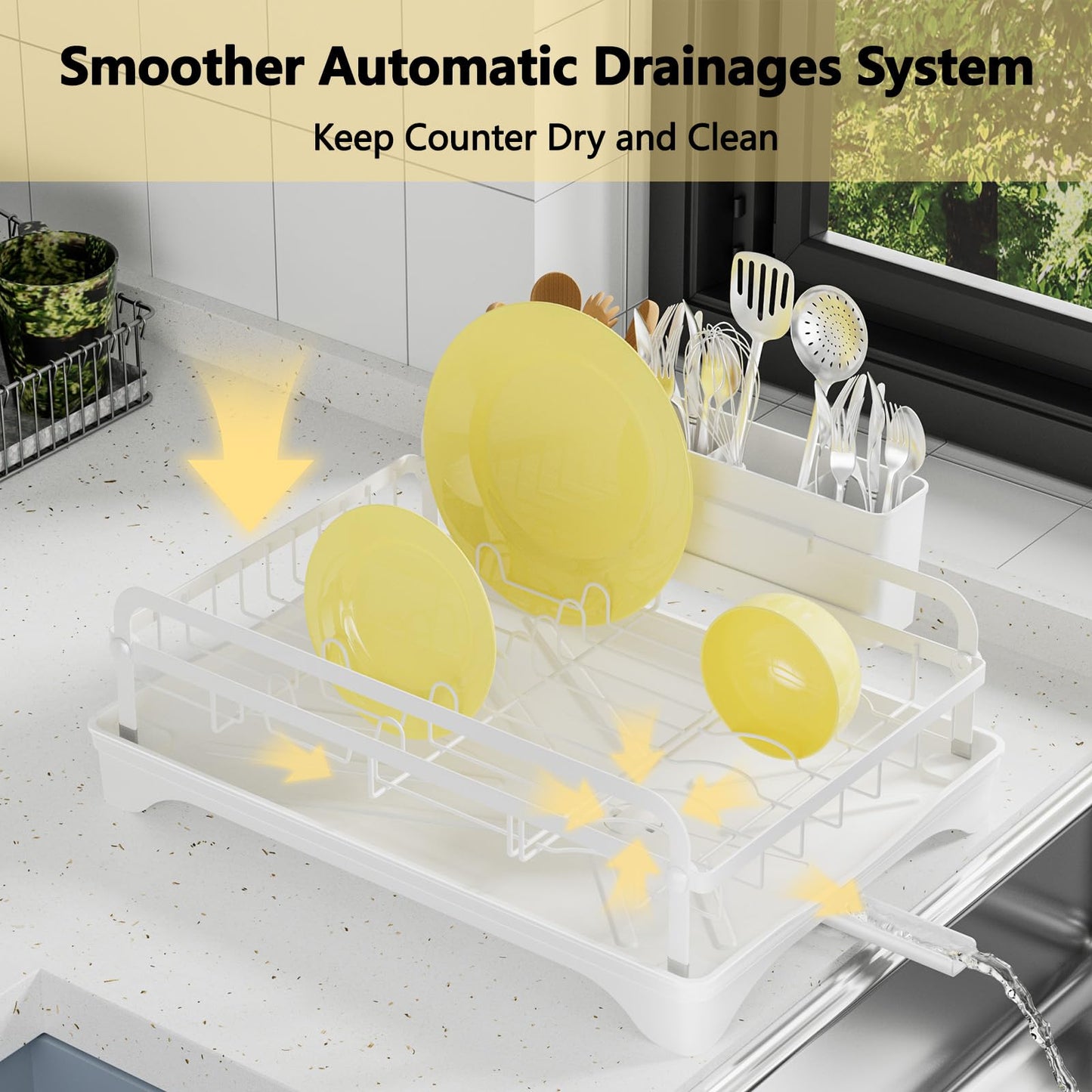 LIYI Dish Drying Rack for Kitchen Counter - Kitchen Dish Rack with Drainboard, Small Dish Drainer with Utensil Holder for Sink, 16.5" D x 11.6" W x 6.6" H, White