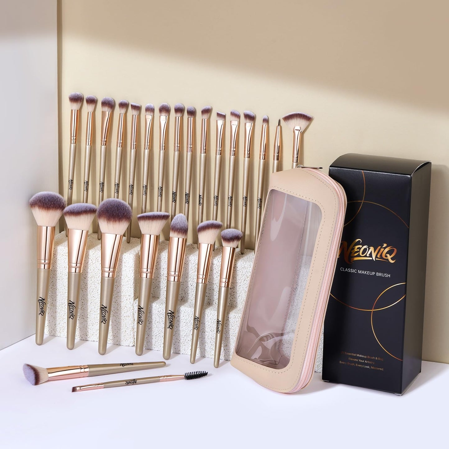 NEONIQ 25PCS Makeup Brushes Set with Travel Case, Professional Makeup Brush Kit for Foundation, Concealer, Powder, Eyeshadow & Blush, Essential Cosmetic Tools, Portable Travel Gift Set (Gold)