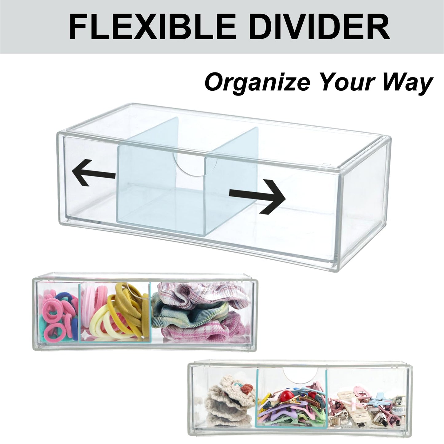 Set of 2 Stackable Storage Drawers - 7.8" Clear Plastic Drawer Storage, Acrylic Makeup Organizer, Desk Counter Cabinet Office Organizer, Bathroom Organizers and Storage (3 Grid/Set of 2)