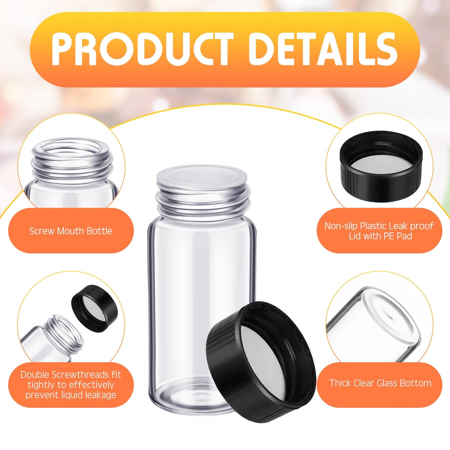 Ziliny 110 Pack 20 ml Glass Vials Clear Small Empty Glass Sample Bottles with Screw Cap Plastic Stoppers, Shims and Plastic Mini Funnels, Sample Leakproof Small Vials Storage Container (20ml)