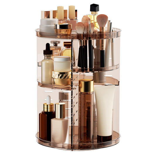 Rotating Makeup Organizer, DIY 8 Adjustable Layers Spinning Skincare Storage, Cosmetic Display Case with Brush Holder and Perfume Tray, Multi-Function Vanity Bathroom Countertop Organizer Clear Coffee