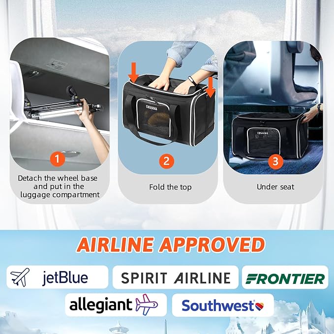 Petskd Top-Expandable Pet Carrier with Wheels 17x12x8.5 Inches JetBlue Allegiant Spirit Airline Approved, Soft-Sided Carrier for Small Cat Dog with Locking Safety Zippers and Anti-Scratch Mesh(Black)