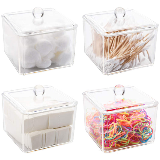 Hedume 4 Pack Swabs Dispenser Holder, 15 Oz Clear Acrylic Canister Set, Modern Square Bathroom Vanity Countertop Storage Organizer for Cotton Ball, Cotton Swab, Cottons Rounds, Bath Salts