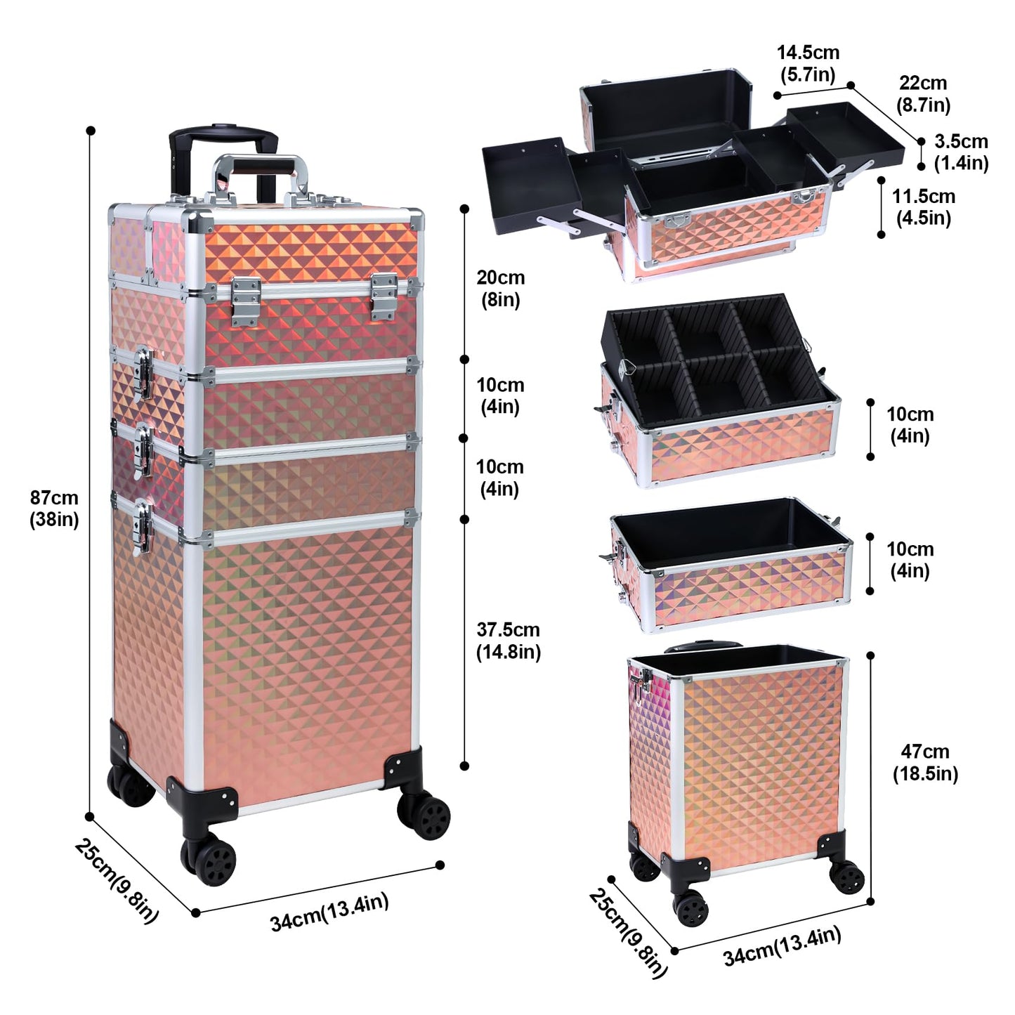Professional Rolling Makeup Case, Cosmetology Case on Wheels 4 in 1 Large Cosmetic Train Case, Ideal Gift for Hairstylist, Nail Techs, Portable Beauty Organizer for Travel or Salon Use