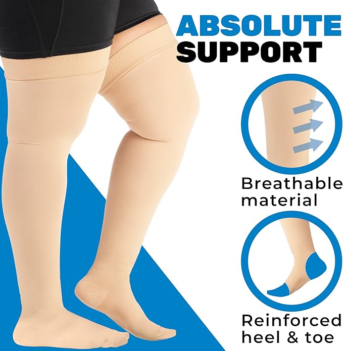 ABSOLUTE SUPPORT Wide Calves Thigh High Compression Socks for Women & Men 20-30mmHg - Unisex Plus Size Opaque Over Knee Stockings for Pregnant, Nursing, Sports, Travel, Flying - Beige, 4X-Large