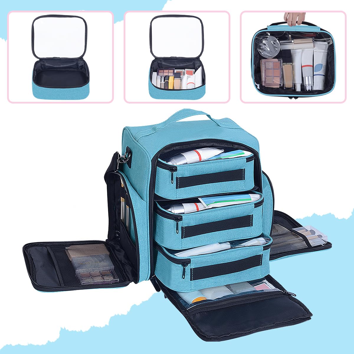 BODMZUANHO Large Makeup Bag Organizer with 3 Inner Removable Pouches,Green