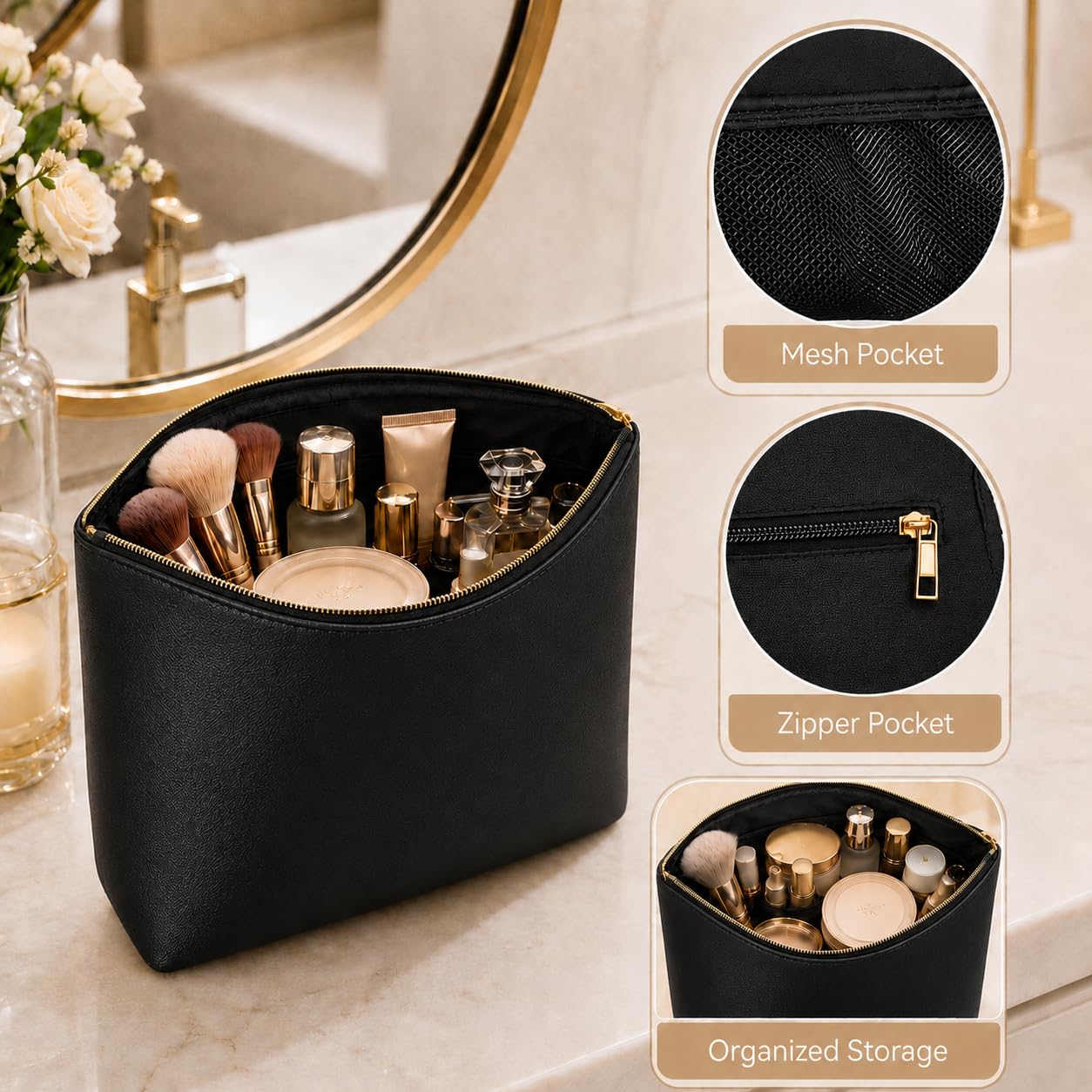 imerelez 3PCS PU Leather Makeup Bag, Large Travel Cosmetic Pouch, Cute Toiletry Organizer for Women, Black