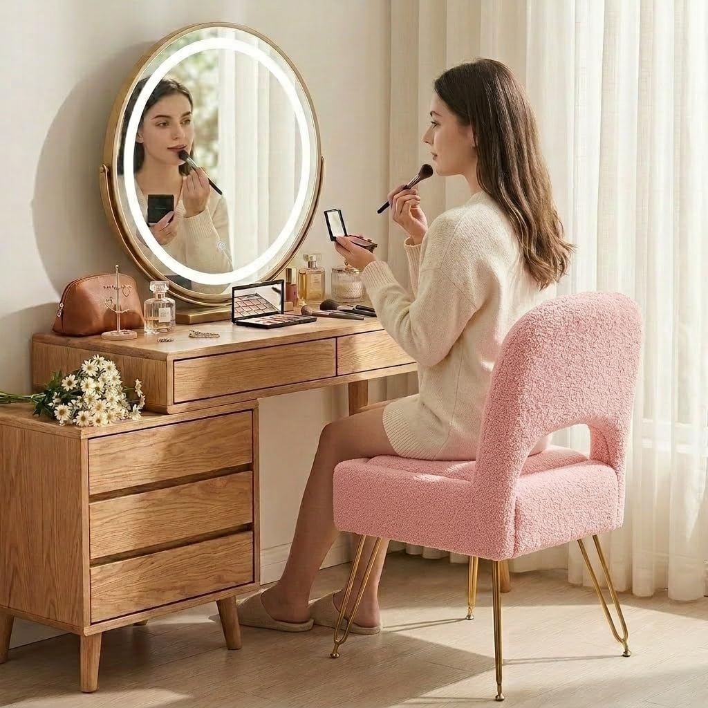 Furnistyle Vanity Chair with Storage & Folding Backrest, Cute Pink Faux Fur Vanity Stool, Comfy Padded Make Chair for Makeup Bedroom, Adjustable Back & Plush Cushion Seat,16.6" Wide 11L Storage Space