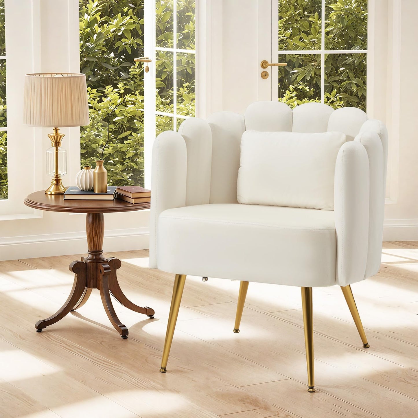 HOMREST Vanity Chair with Back,Velvet Accent Chairs,Petal Backrest Decorative Chair,Removable Pillow & Gold Legs - Plush Lounge Chair for Vanity, Living Room, Bedroom - Beige