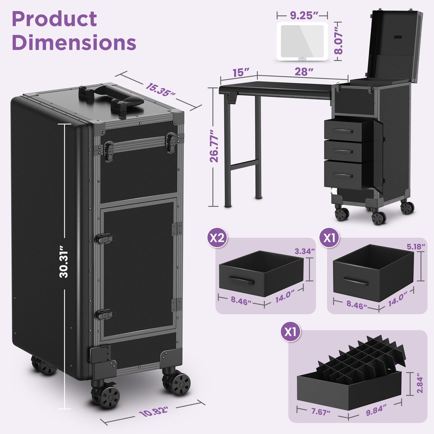 EASYINBEAUTY Rolling Portable Manicure Table with 3 Storage Drawers & Mirror, Lockable Makeup Train Case with Foldable Nail Desk- Cosmetic Travel Case for Mobile Nail Tech & Beauty Salon (Black)