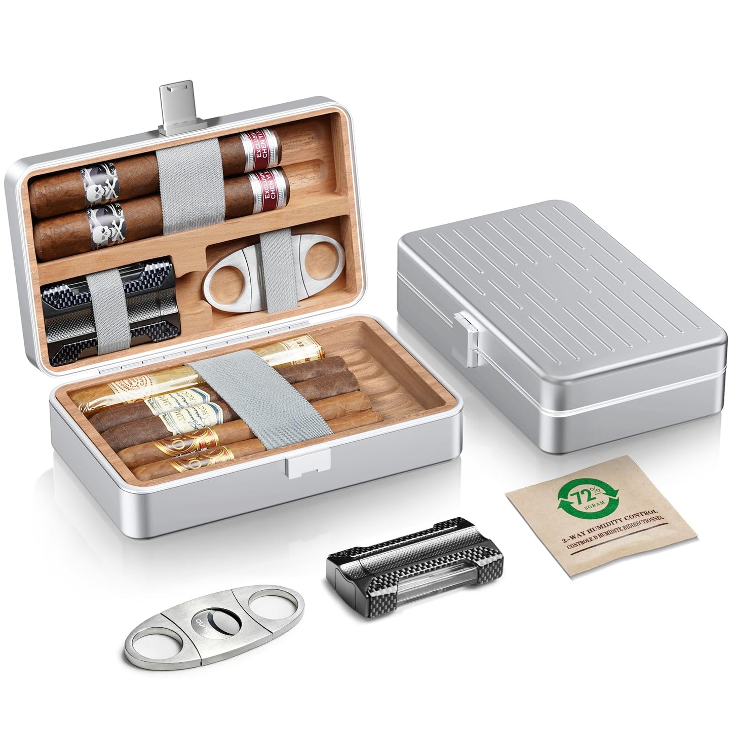 Travel Humidor Cigar Case for 7 Cigars - Aluminum & Spanish Cedar Cigar Humidor Box with 72% Humidity Pack, 3 in 1 Cigar Lighter, Guillotine Cigar Cutter, Cedar Insert, Gift for Cigar Aficionado