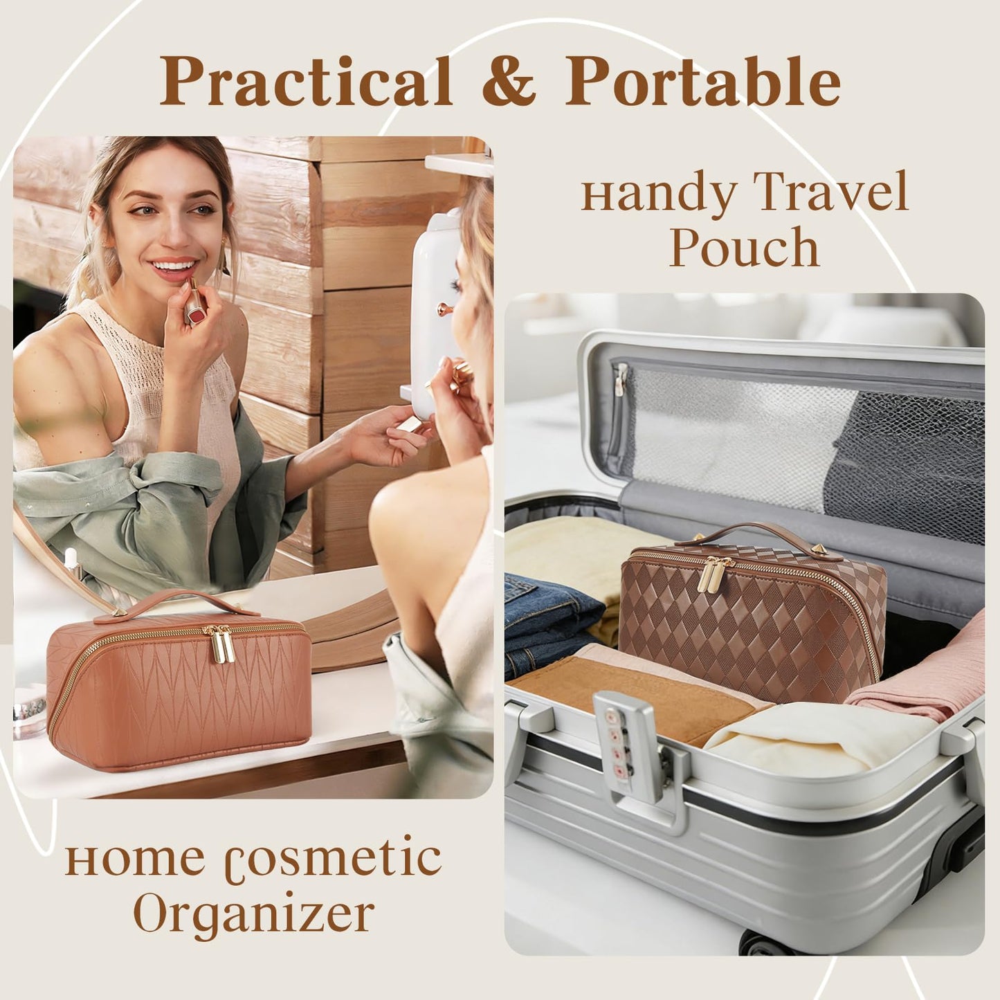 IDELCHOIS Travel Makeup Bag Large Capacity Cosmetic Bags for Women, Waterproof Toiletry Bag Open Flat Makeup Bag with Compartments and Handle, Portable Cosmetic Organizer Pouch, Diamond Brown