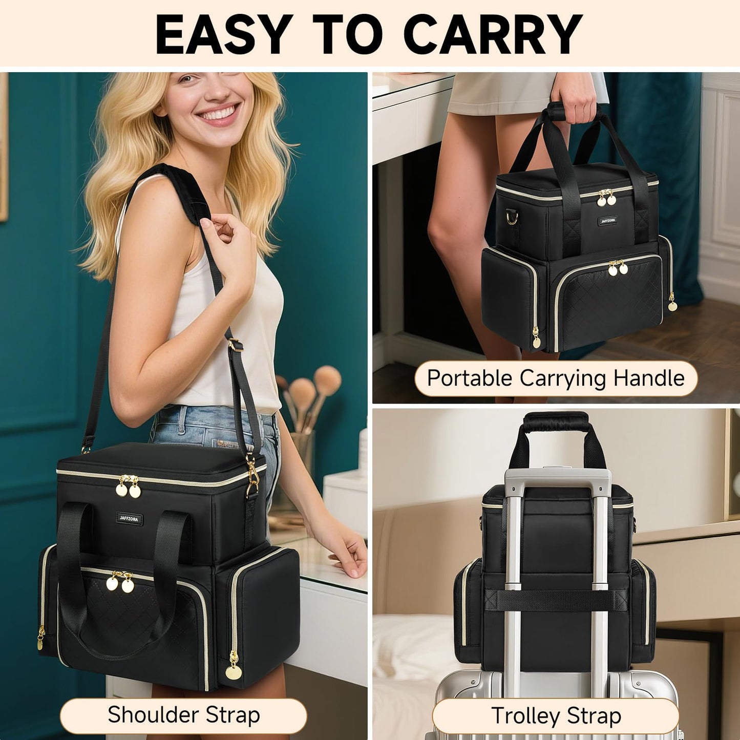 Jaffzora Extra Large Makeup Bag with 3 Removable Cases, Double Layers Travel Cosmetic Storage Organizer Bag with Detachable Dividers, Black