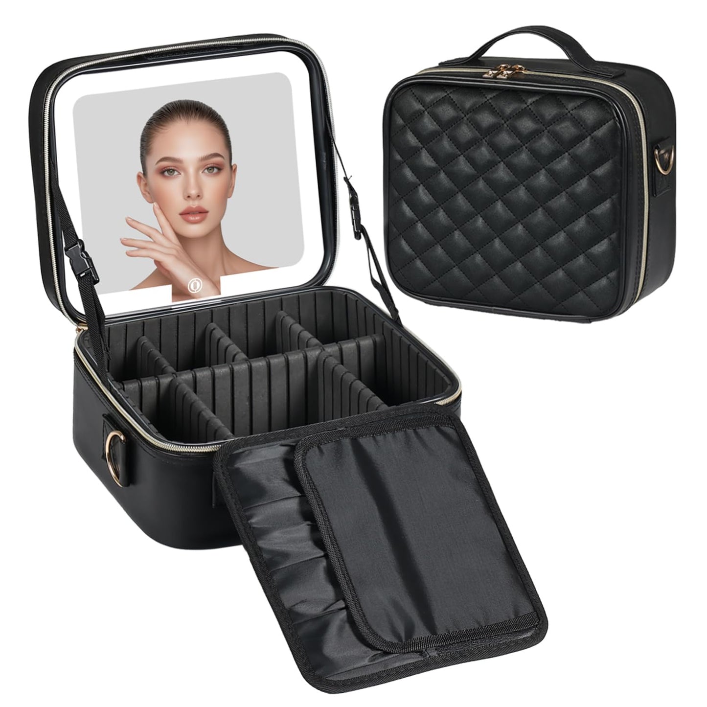 BEAUTY CASE Makeup Bag with Led Mirror, 10 Inch Portable Travel Cosmetic Organizer Case with Adjustable Dividers, USB Charging, Large Capacity, Ideal for Travel, Gift for Women Girls, Black