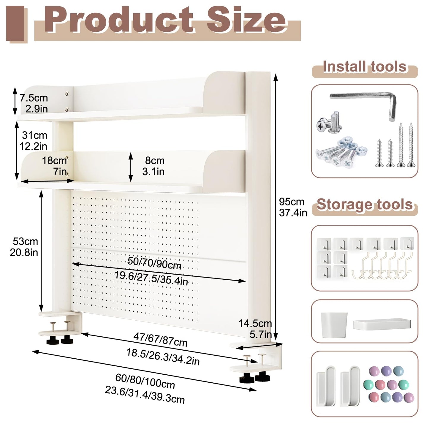 jvsufuik Clamp On Desk Organizer Shelf,White Desk Extender Pegboard Workstation,Computer Desk Accessories for Office, Desktop Shelving System,Desktop Bookshelf Storage Shelves for Desk,23.6in