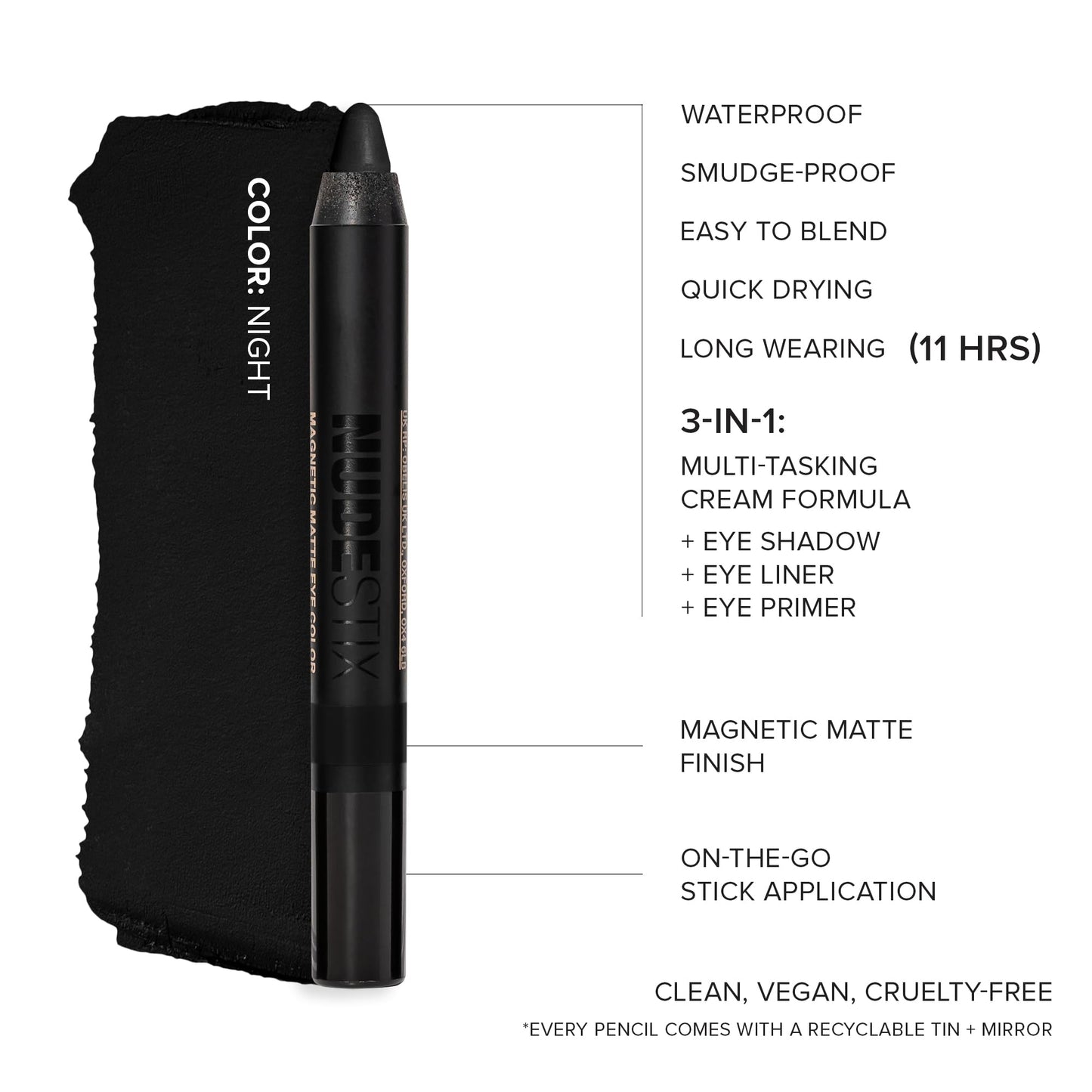 Nudestix Magnetic Matte Eye Color – 3-in-1 Long-Wear Cream Eyeshadow Pencil, Eyeliner & Primer | Waterproof, Budge-Proof Matte Finish | Vegan & Cruelty-Free Eye Makeup, Shade: Night